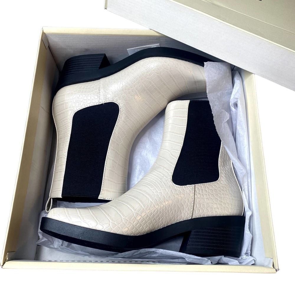 Open Edit Rectangular Toe Stacked Heel Croc-Embossed Ayla Chelsea Boot Ivory 8